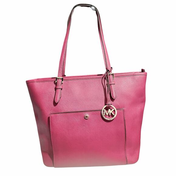Michael Kors Handbags - Michael Kors Jet Set Saffiano Leather Tote Burgundy Red MK Charm Shoulder Bag